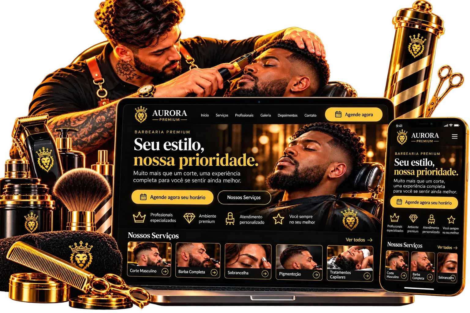 Página de agendamento online para barbearia criada pelo Aurora Premium, no computador e no celular
