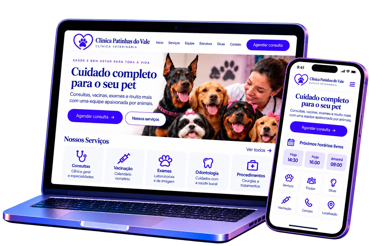 Página de agendamento online para clínica criada pelo sistema de agendamento Aurora Premium, no computador e no celular