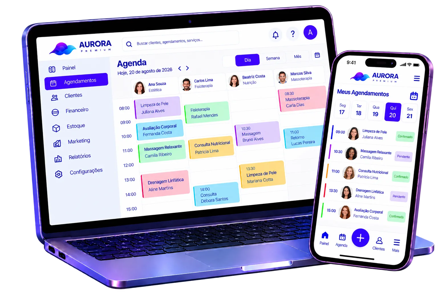 Sistema de agendamento online Aurora Premium com a agenda da equipe no computador e no celular