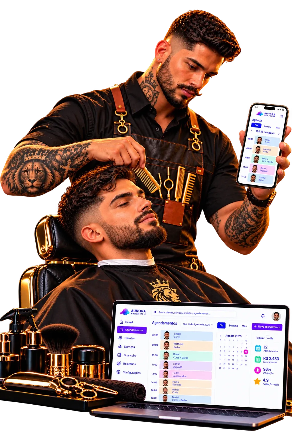 Sistema para barbearia Aurora Premium com a agenda dos barbeiros no computador e no celular