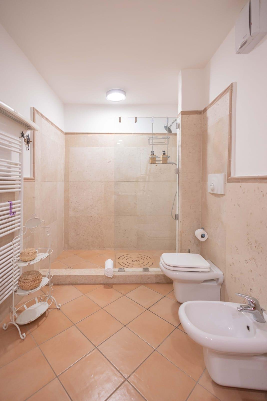 Bathroom with a walk-in shower in light stone