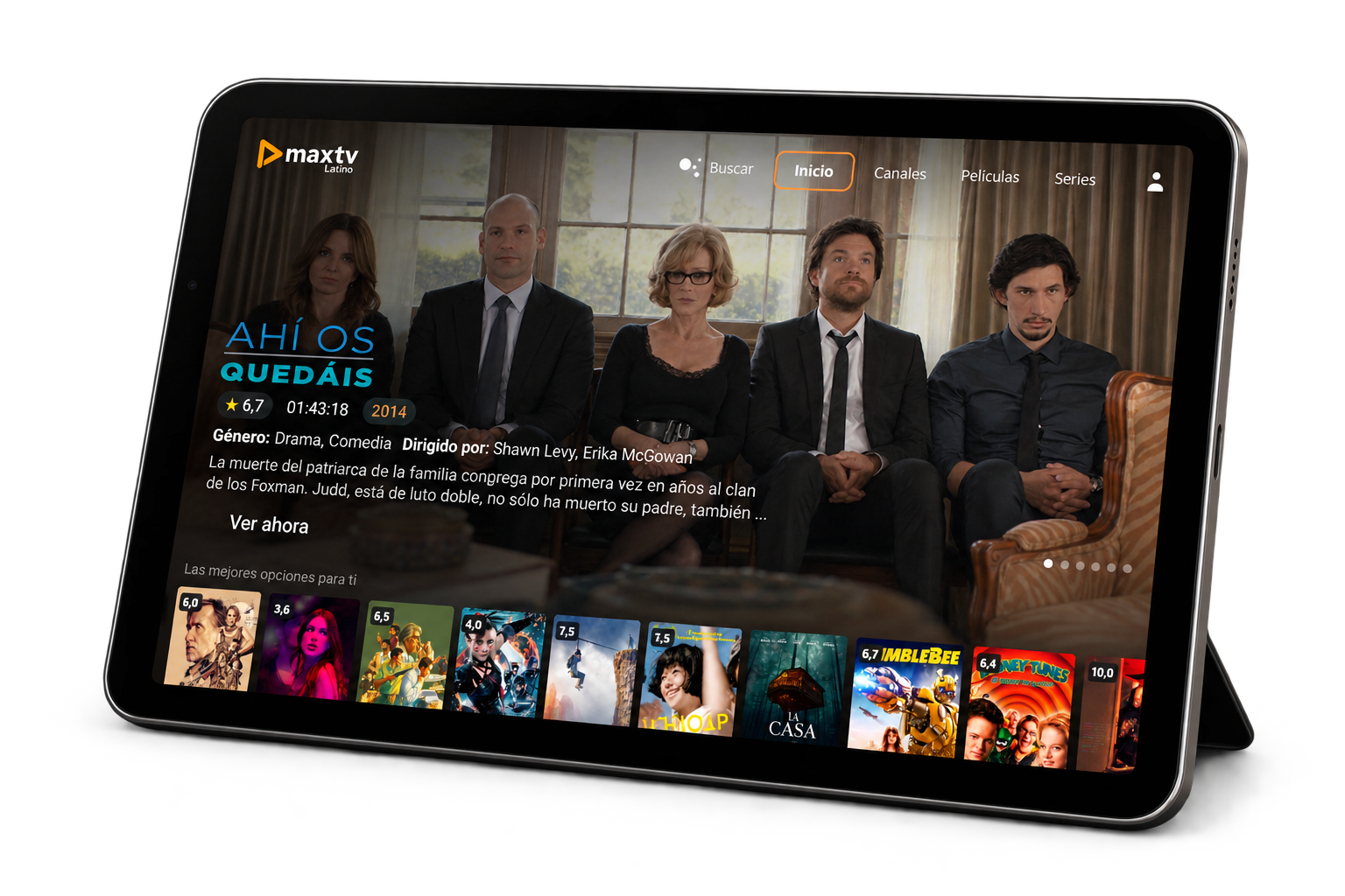 Tablet con la aplicación MAX TV LATINO en la pantalla de inicio