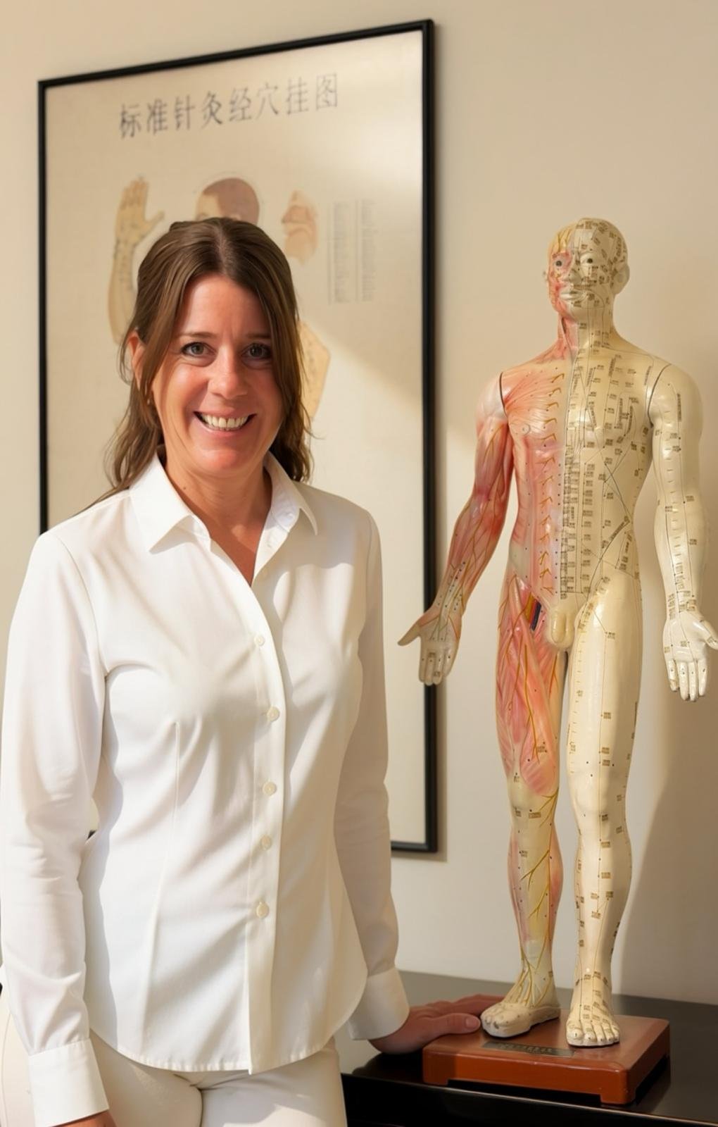 Dr. med. Alexandra Tetzlaff mit Akupunkturmodell in ihrer Praxis in Bad Schwartau