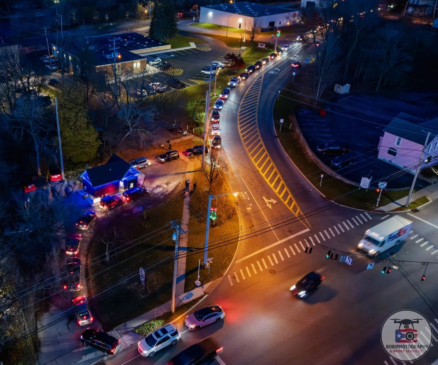 Aerial night view of a Jumpin Goat drive-thru stand