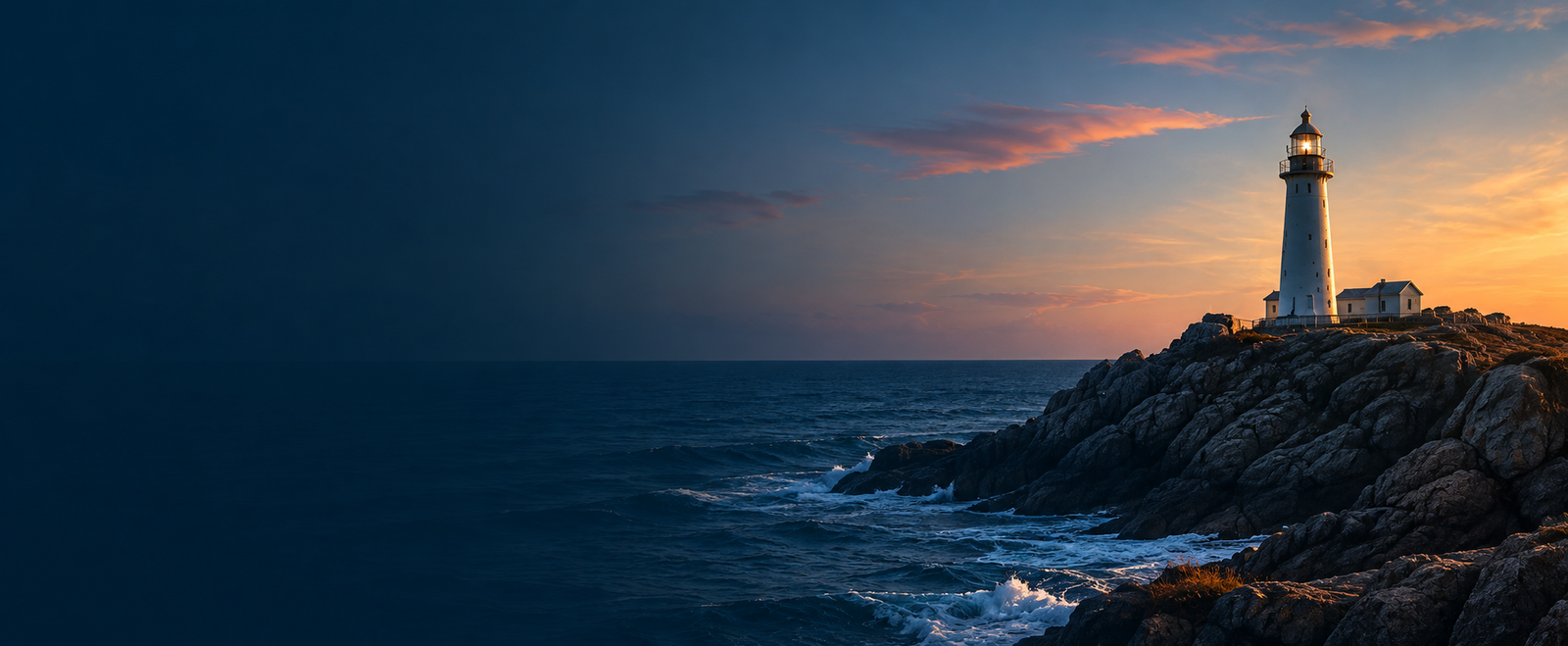 Lighthouse on a rocky Australian coastline at sunset
