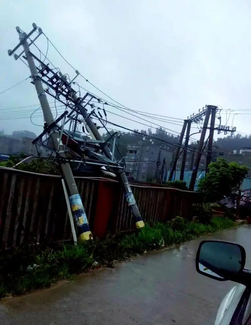 Typhoon damaged pole mounted transformer replacement case Storm-damaged pole mounted transformer support structure after typhoon