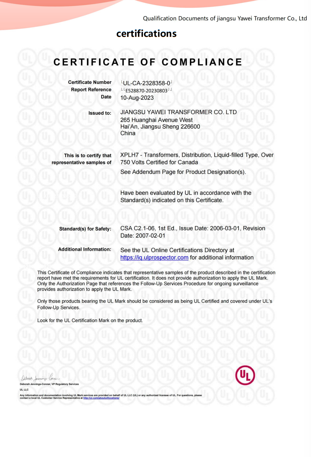 UL Canada certificate reference for liquid-filled distribution transformer documentation