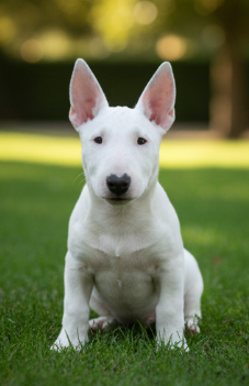 Cachorro Bull Terrier blanco sentado en el césped con orejas puntiagudas