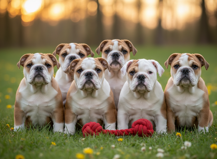 Camada de cachorros Bulldog Inglés en el césped