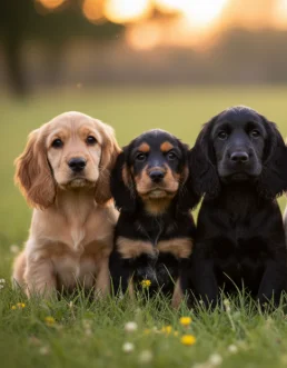 Grupo de cachorros Cocker Spaniel de diferentes colores sentados en el césped
