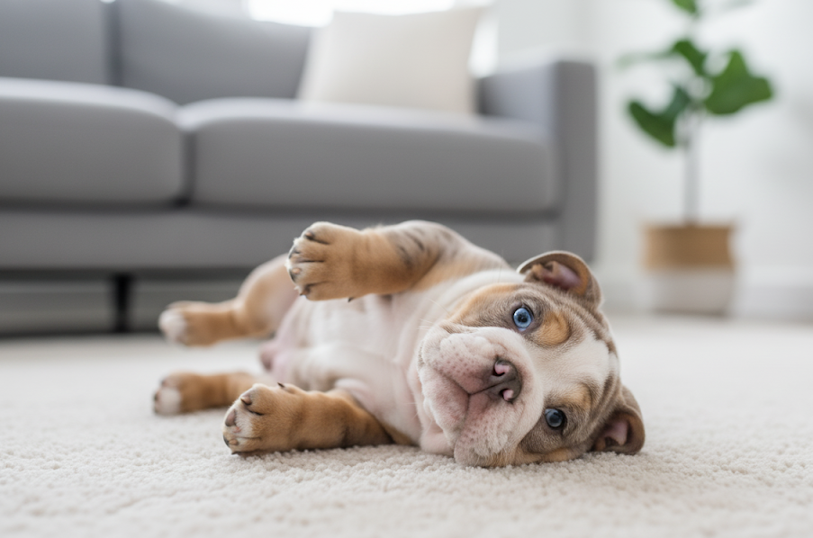 Cachorro Bulldog Inglés acostado de espaldas en una alfombra