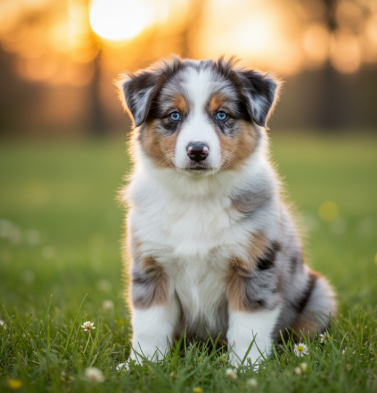 Cachorro Pastor Ovejero Australiano en el césped al atardecer