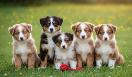 Camada de cachorros Pastor Ovejero Australiano en el césped