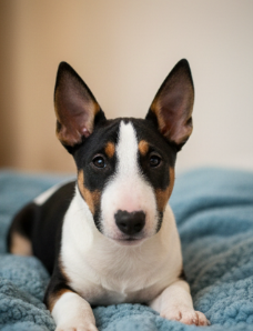 Cachorro Bull Terrier tricolor acostado en una manta azul