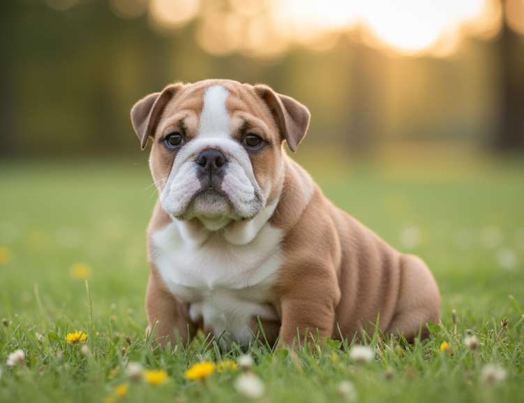 Cachorro Bulldog Inglés sentado en el césped al atardecer