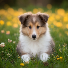 Cachorro Pastor de Shetland sable en un campo de flores