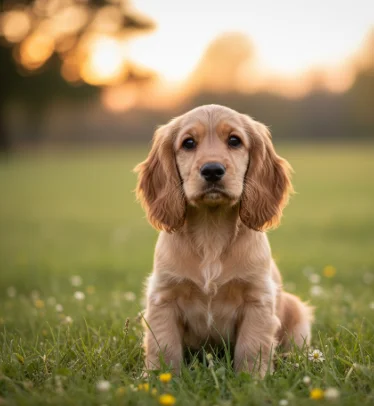 Cachorro Cocker Spaniel dorado sentado en el césped al atardecer