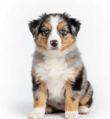 Cachorro Pastor Ovejero Australiano blue merle sentado sobre fondo blanco