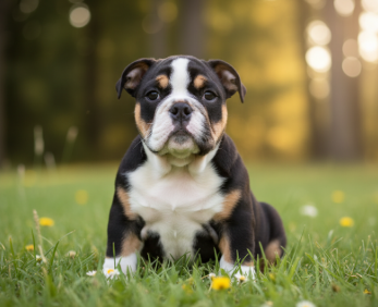 Cachorro Bulldog Inglés tricolor sentado en el césped