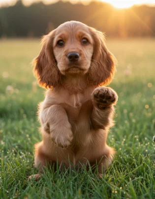 Cachorro Cocker Spaniel dorado levantando la pata en el césped
