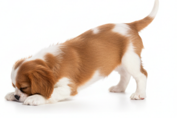Cachorro Cavalier King Charles Spaniel curioso en un jardín