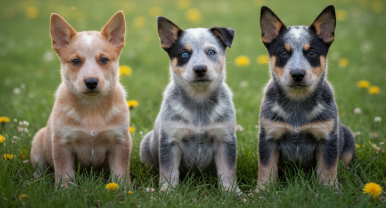 Tres cachorros de Pastor Ganadero Australiano en el césped
