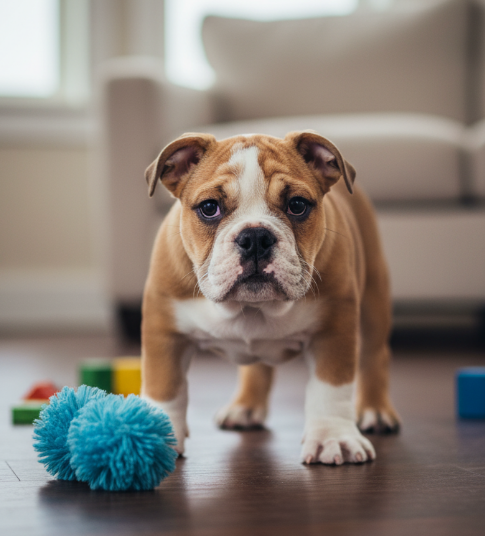 Cachorro Bulldog Inglés mirando a la cámara con juguetes