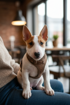Cachorro Bull Terrier blanco y marrón sentado en el regazo de una persona