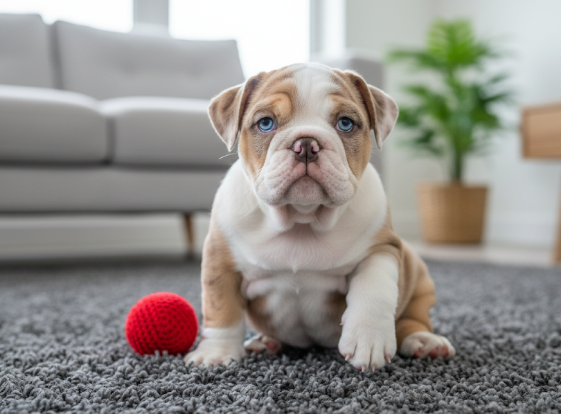 Cachorro Bulldog Inglés sentado con una pelota roja