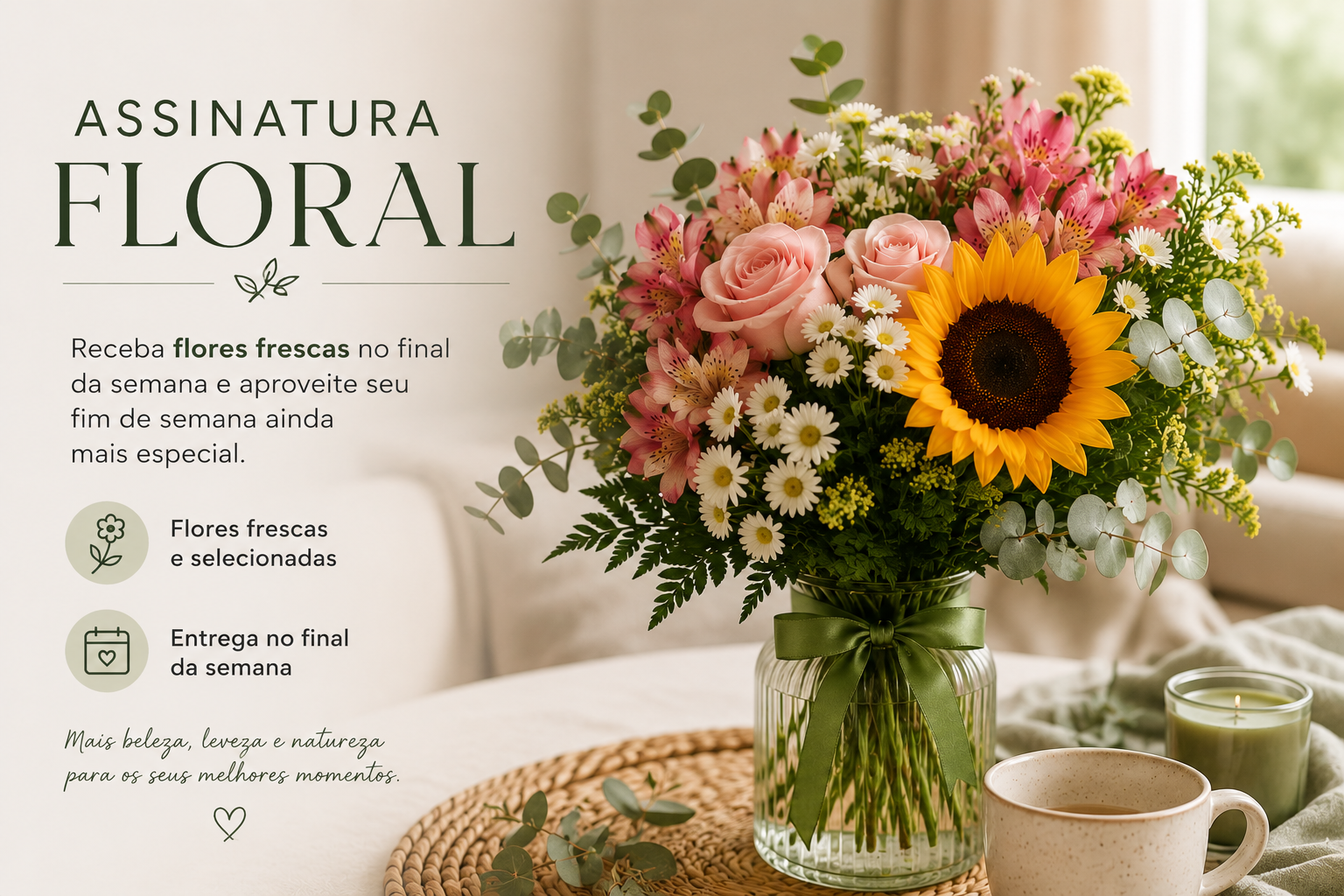 Buquê de flores frescas com girassol, rosas e folhagens em vaso com laço verde