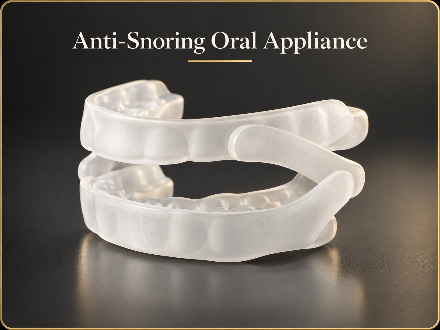 A custom anti-snoring oral appliance resting on a clean white surface beside a folded sleep mask