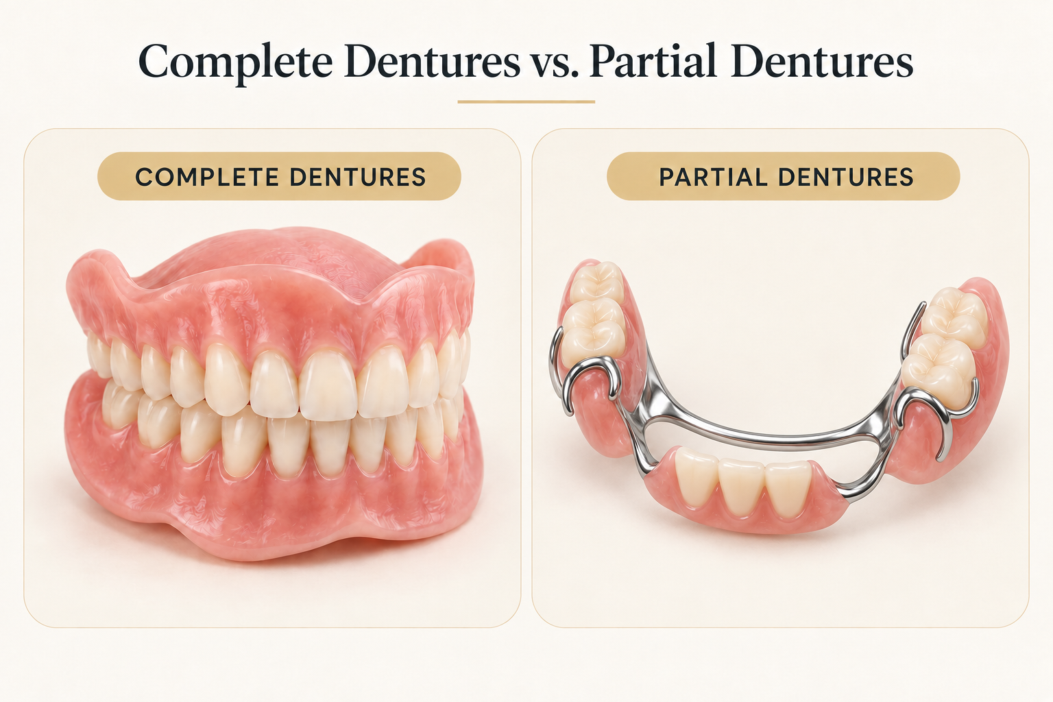A full upper complete denture and a partial denture with metal clasps displayed side by side on a white surface