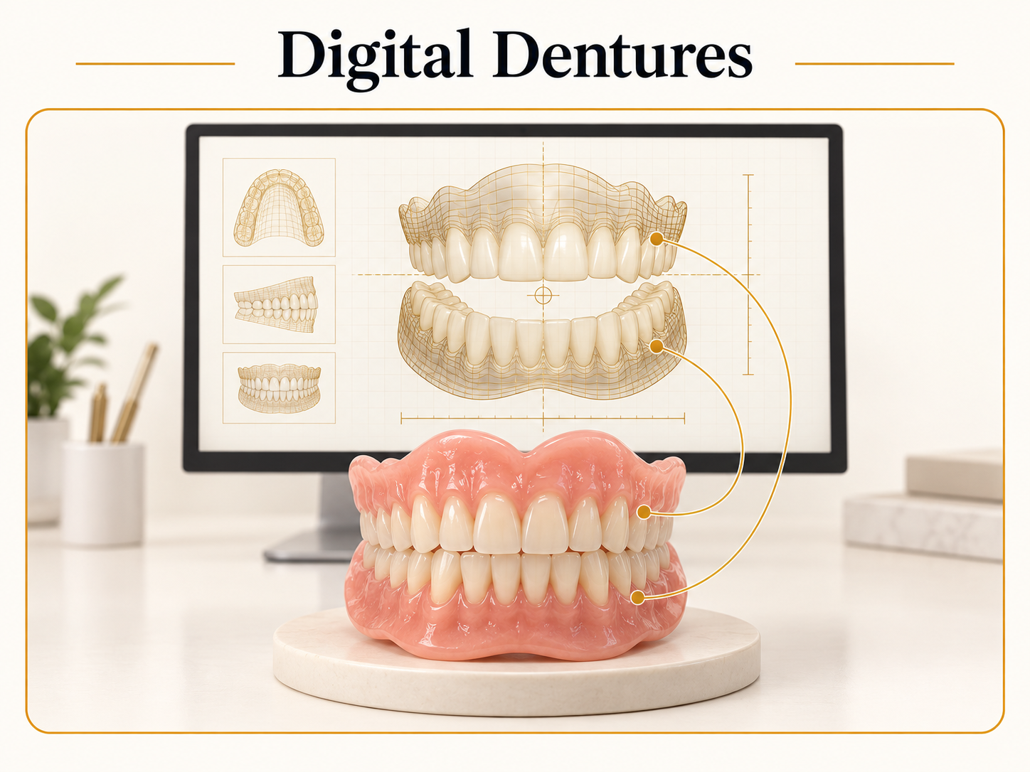 A denturist reviewing a digital denture design on a monitor beside a milled acrylic denture on the desk
